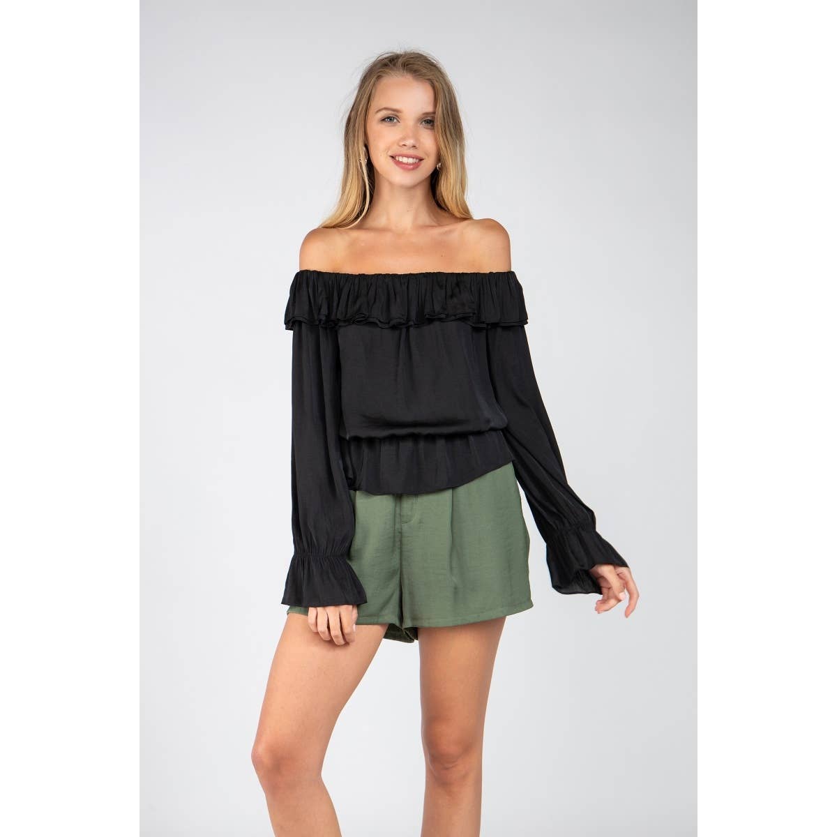 Naked Zebra Rack - Wholesale Blouse - Women's - Off Shoulder Long Sleeve Peplum Blouse0