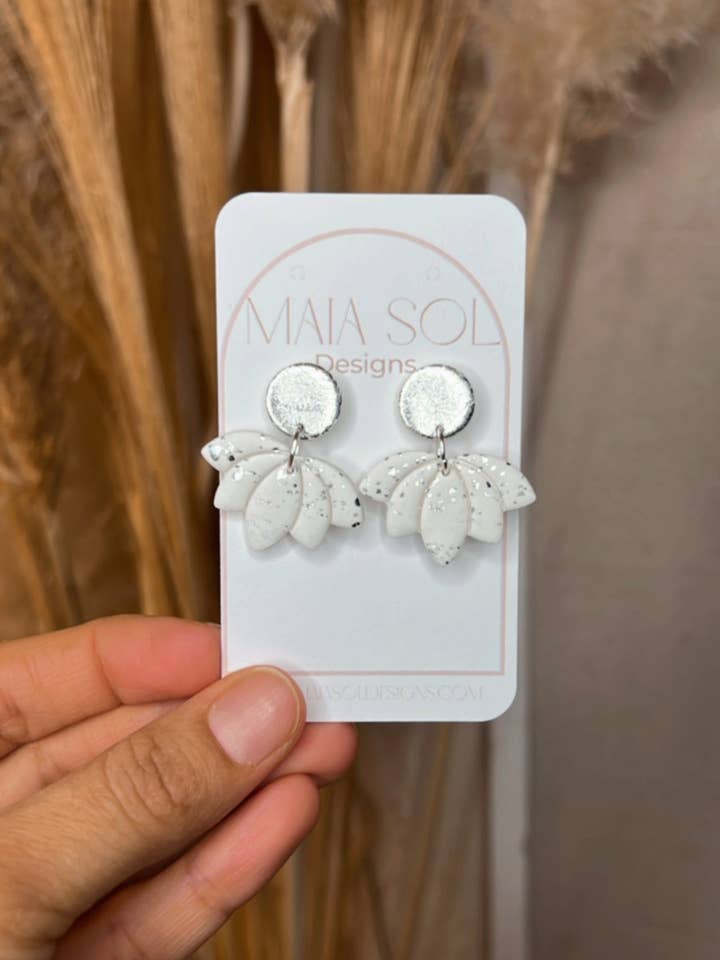 Silver and White Lotus Earrings for wholesale by Maia Sol Designs