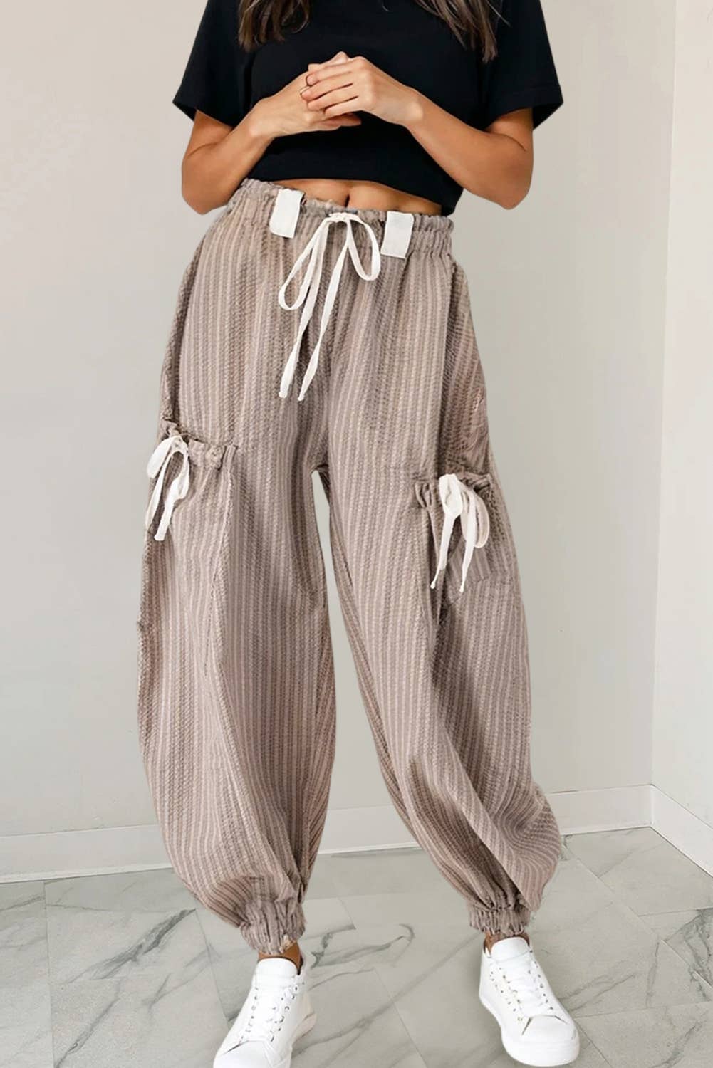 As shown Stripe Drawstring Pocket Lantern Pants | S-XL for wholesale on Faire1