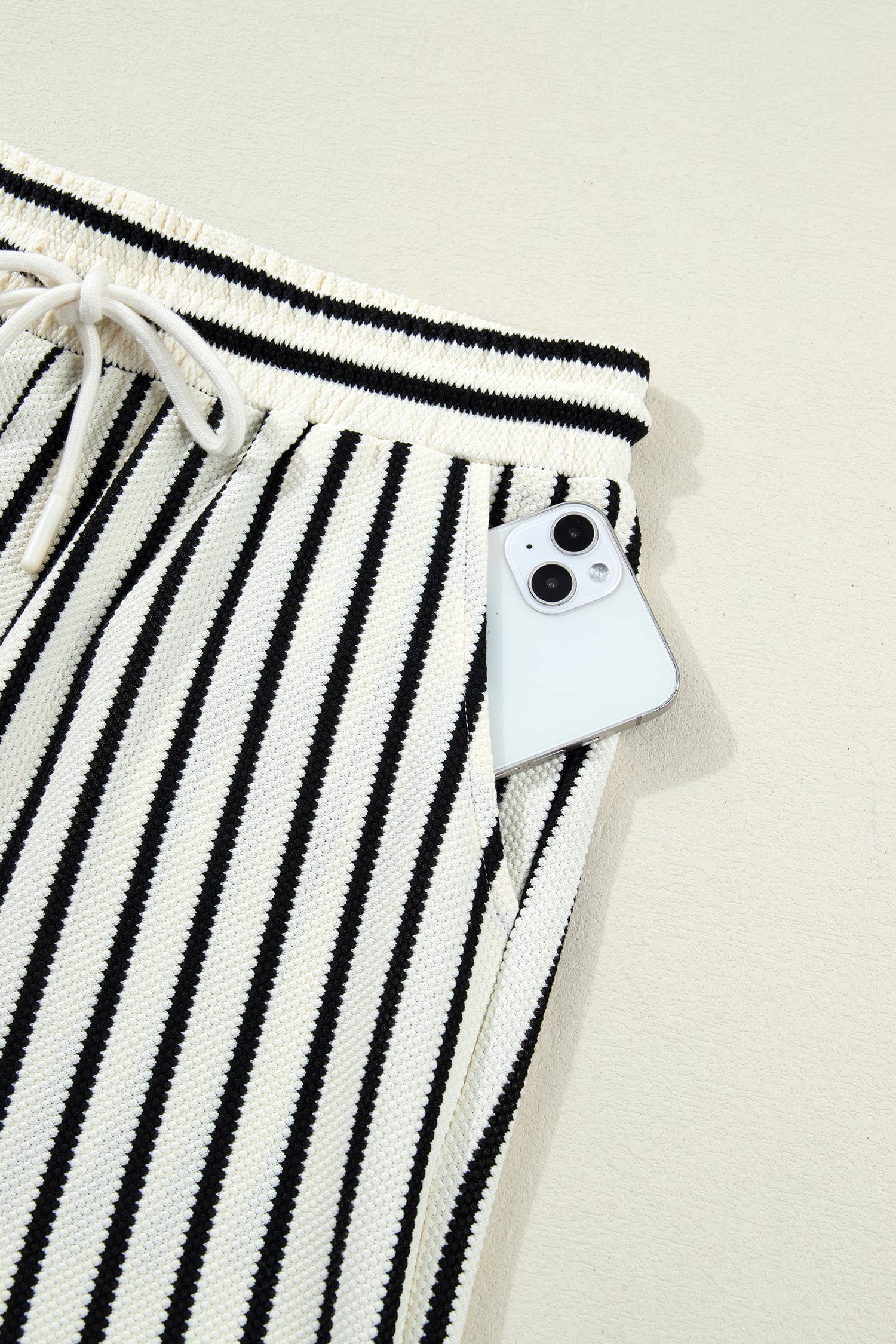 White Stripe Ruffle Trim Drop Shoulder Top Drawstring Loose Pant Set for wholesale on Faire6