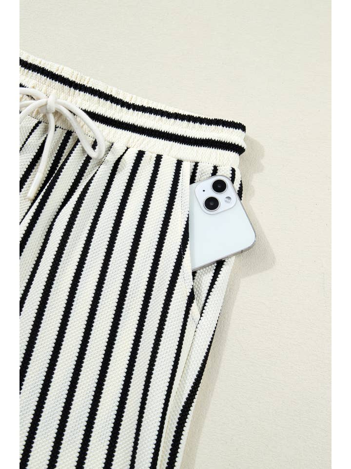 White Stripe Ruffle Trim Drop Shoulder Top Drawstring Loose Pant Set for wholesale on Faire6