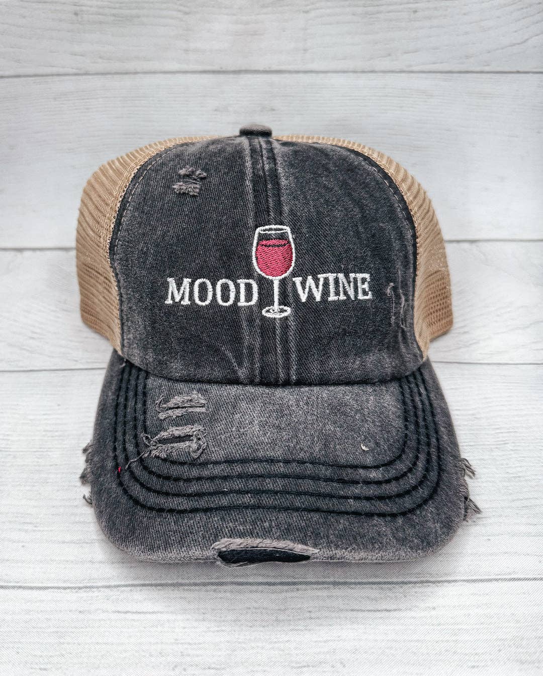 Team Cocktail - Wholesale Ponytail cap – Women’s - Mood WINE Ponytail Criss Cross Distressed Hat