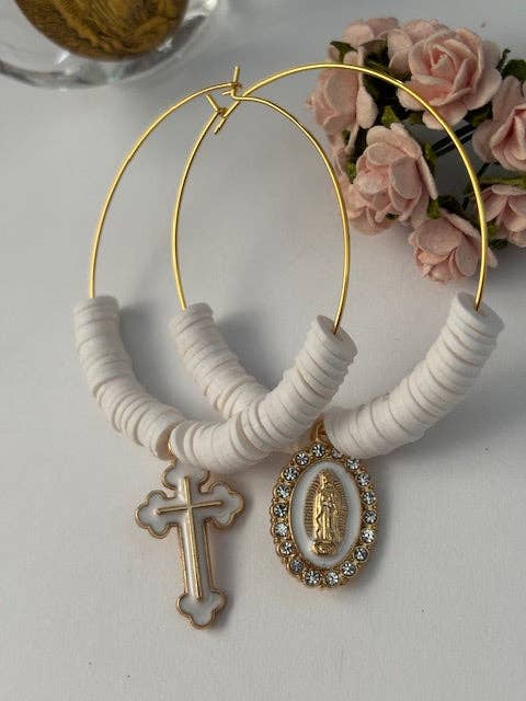 Ex-voto hoop earrings, asymmetrical ex-voto hoops, religious earrings, Virgin medal charm and cross for wholesale by Miss DJ Angel