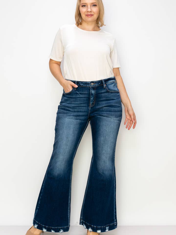 ARTEMIS VINTAGE - Wholesale Jeans - Women's - PLUS SIZE MID RISE SUPER FLARE W/ DISTRESSED WIDE HEM JEANS