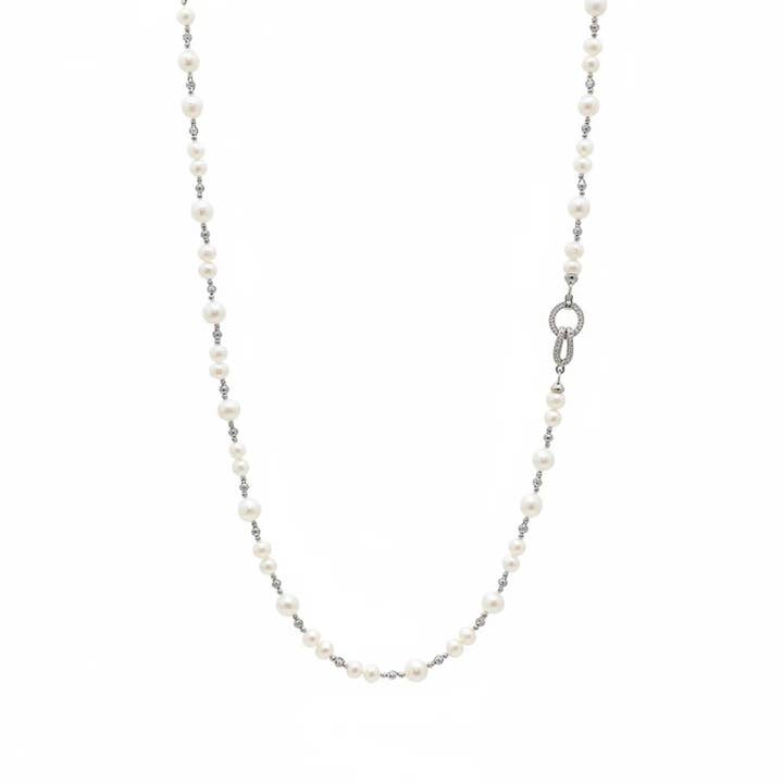 Silver & Gold Long Pearl Chain Necklace ✨ for wholesale by Angel Barocco