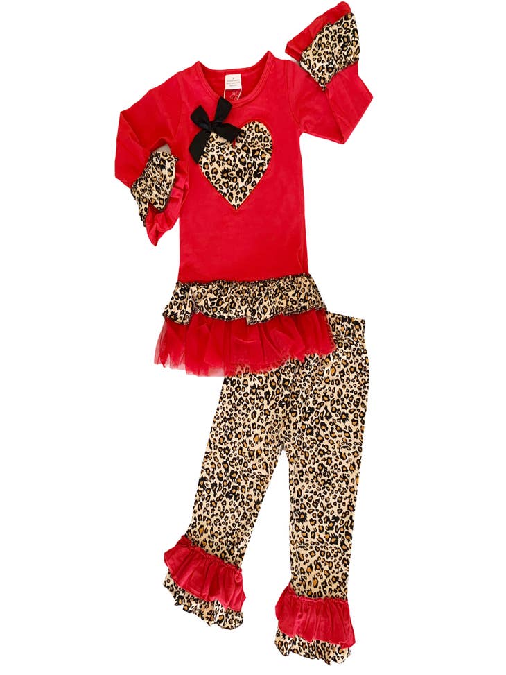 Girls Valentine's Outfit  Leopard Print Top And Heart Patch Legging Set –  Mia Belle Girls