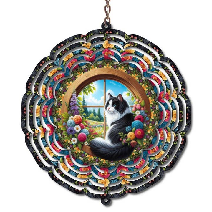 Black and White Cat Wind Spinner 10 Inch | Floral Cat Garden Decor | Cottagecore Outdoor Hanging Spinner | Cat Lover Gift Porch for wholesale by Uniquely Designed By Rebecca