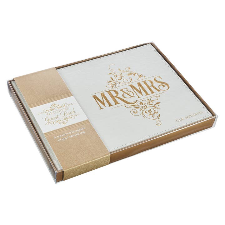 Christian Art Gifts - Wholesale Guest Book - Guest Book White/Gold Mr. & Mrs. Our Wedding