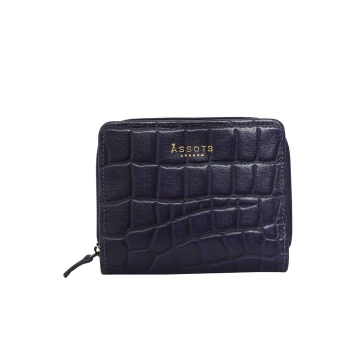 Assots London - Wholesale Wallet – Women's - 'JOLLY' Navy Vintage Croc Real Leather Designer Zip-Top Wa4