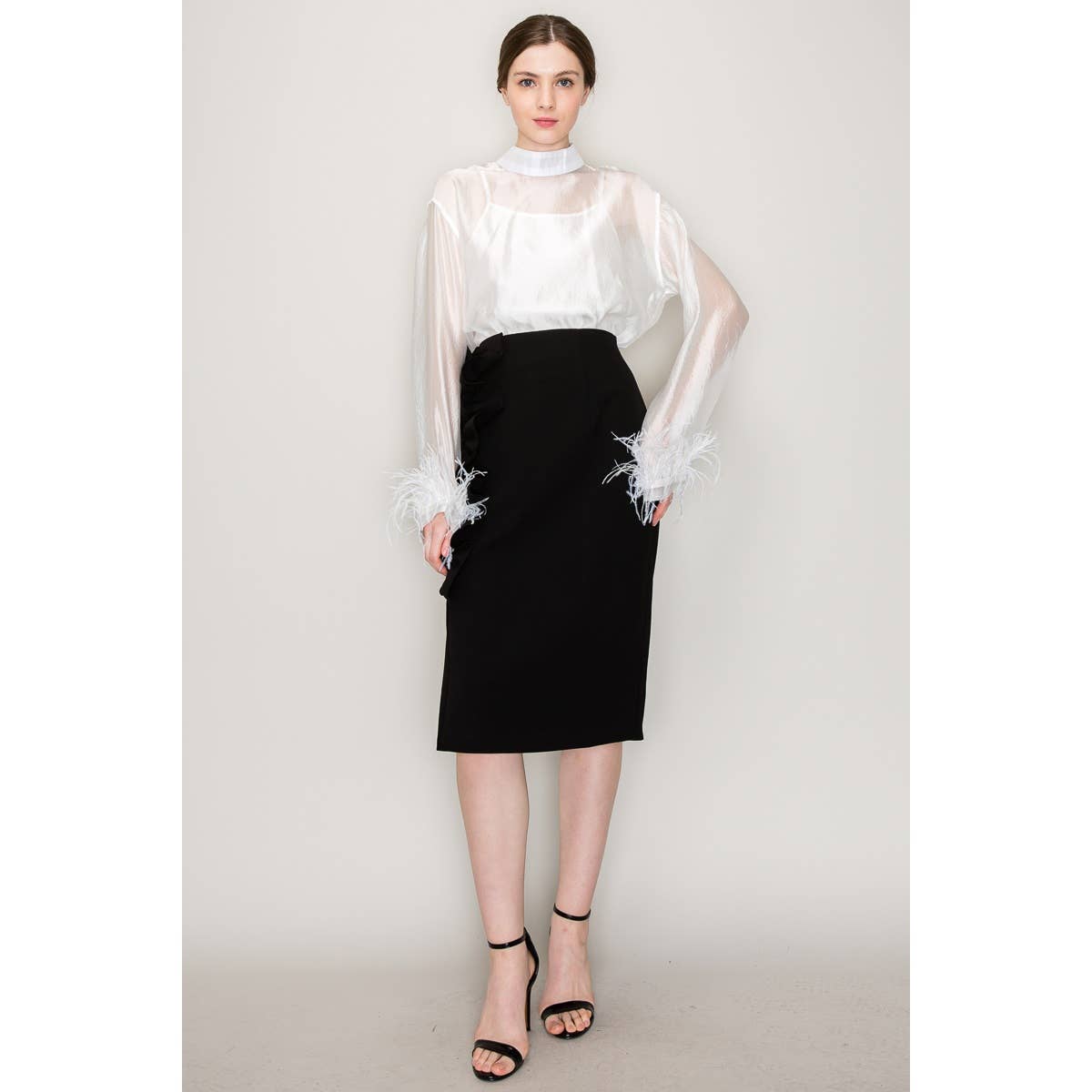 INA - Vente Chemisier – femme - Blouse transparente à manches longues avec col montant et bordure en plumes18