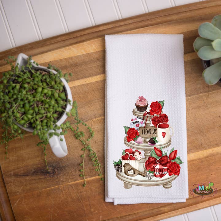 16"x24" I Love Us Valentine Tier Tray Waffle Kitchen Towel for wholesale by JMCreationsNC