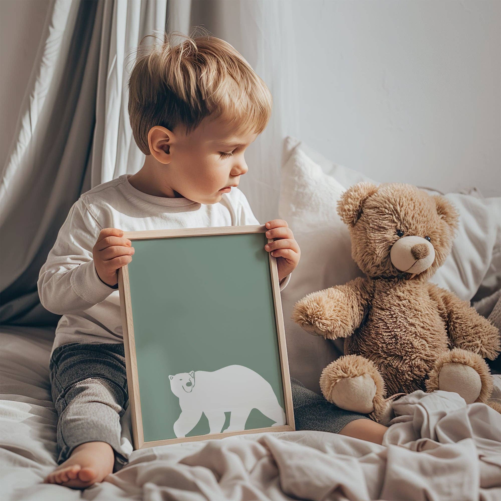 THE WALL HABITAT - Wholesale Gallery Wall Set - Sage Green Bear Nursery Wall Art – Set of 3 Minimalist Polar Bear Prints | Scandinavian-Inspired Baby Room Decor1