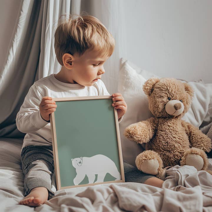 THE WALL HABITAT - Wholesale Gallery Wall Set - Sage Green Bear Nursery Wall Art – Set of 3 Minimalist Polar Bear Prints | Scandinavian-Inspired Baby Room Decor1