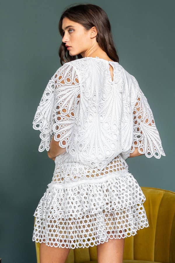 White IS5384 Hollow Out Ruffled Flare Mini Skirt With Lining for wholesale on Faire11