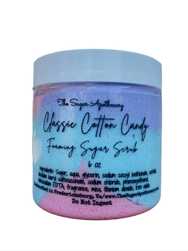 6 oz Classic Cotton Candy foaming sugar scrub for wholesale by The Sugar Apothecary