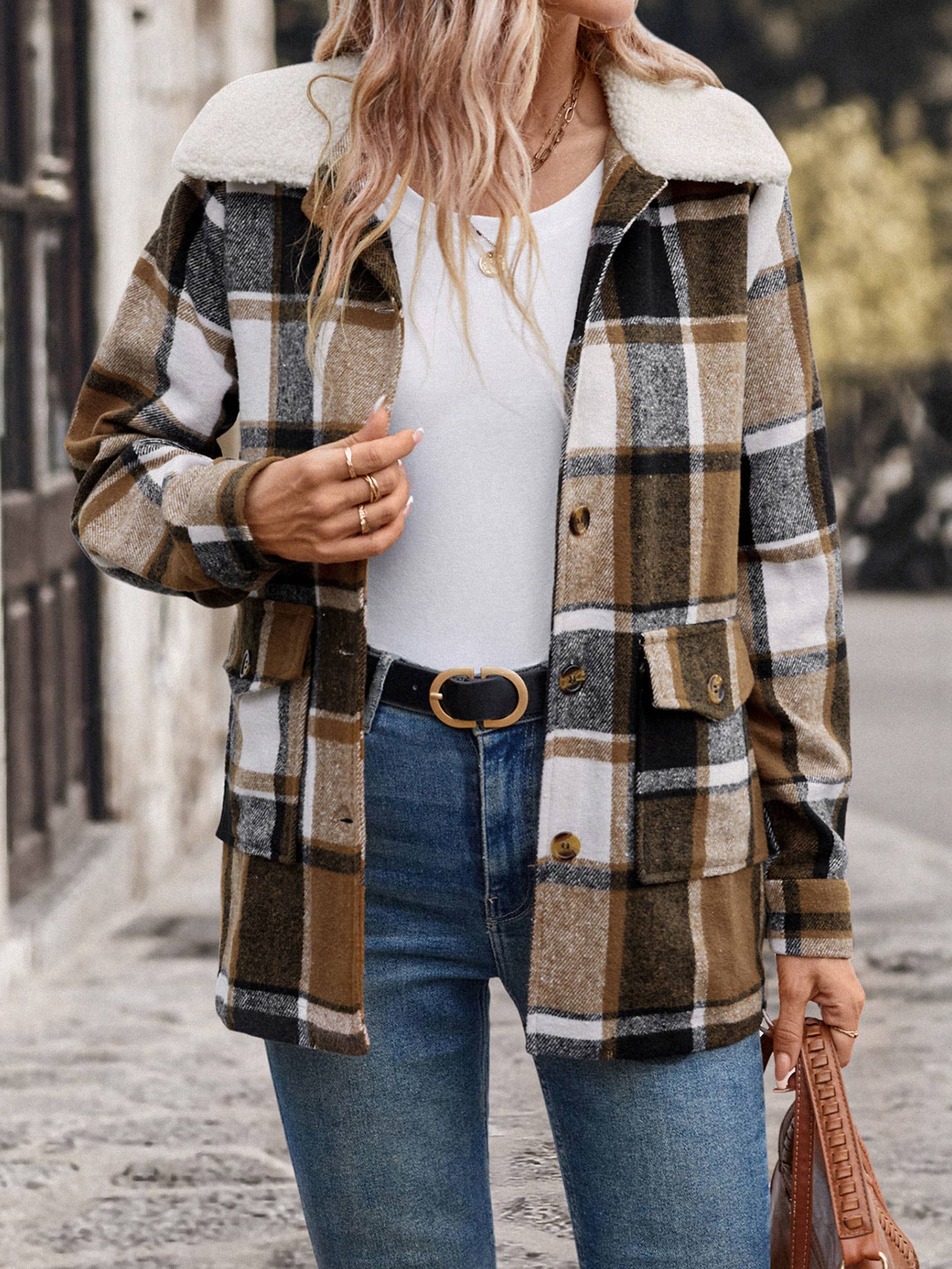 Brown Brushed Collar Plaid Coat for wholesale on Faire1