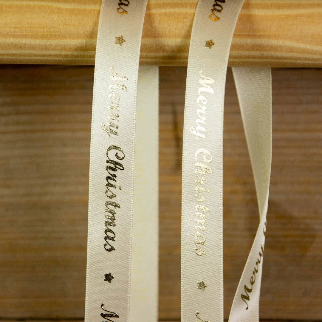 kadopapier.net - Vendita all'ingrosso Nastri - Confezione regalo - Nastro di raso avorio con stampa « Merry Christmas »0