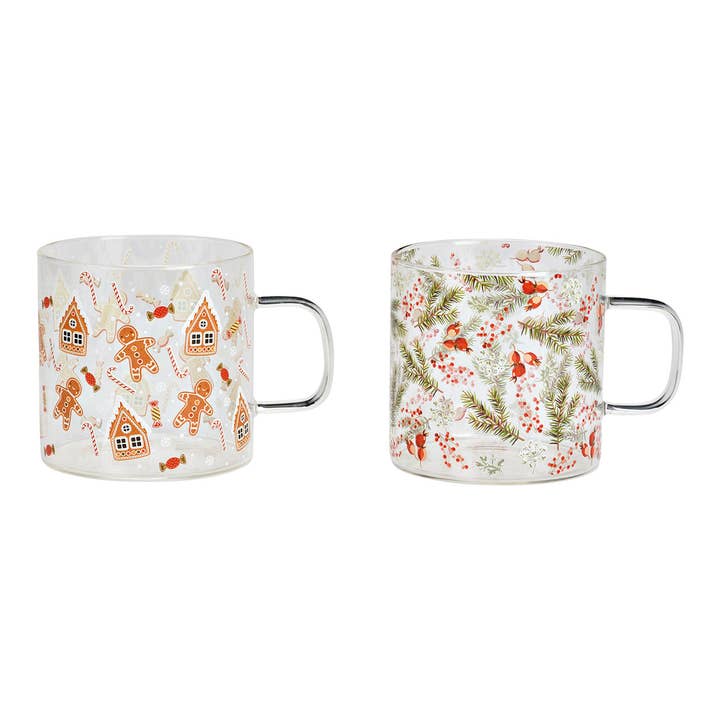 Glass mug with Christmas decor, transparent, set of 2, (W/H/D) 13x9x9cm 450ml for wholesale by Wurm