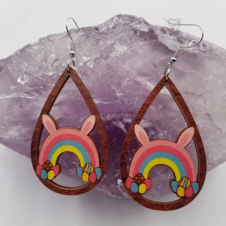 Wooden Rainbow Easter Bunny Earrings for wholesale by magnolia jewelry