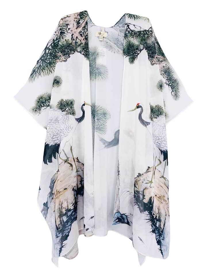 JC071008 White-Green Crane & Pine Tree Kimono for wholesale by JC Sunny Fashion