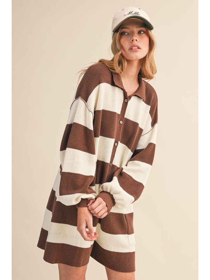 Klesis - Wholesale Romper - Women's - IR1506 LONG SLEEVE COLLARED STRIPED RELAXED FIT ROMPER