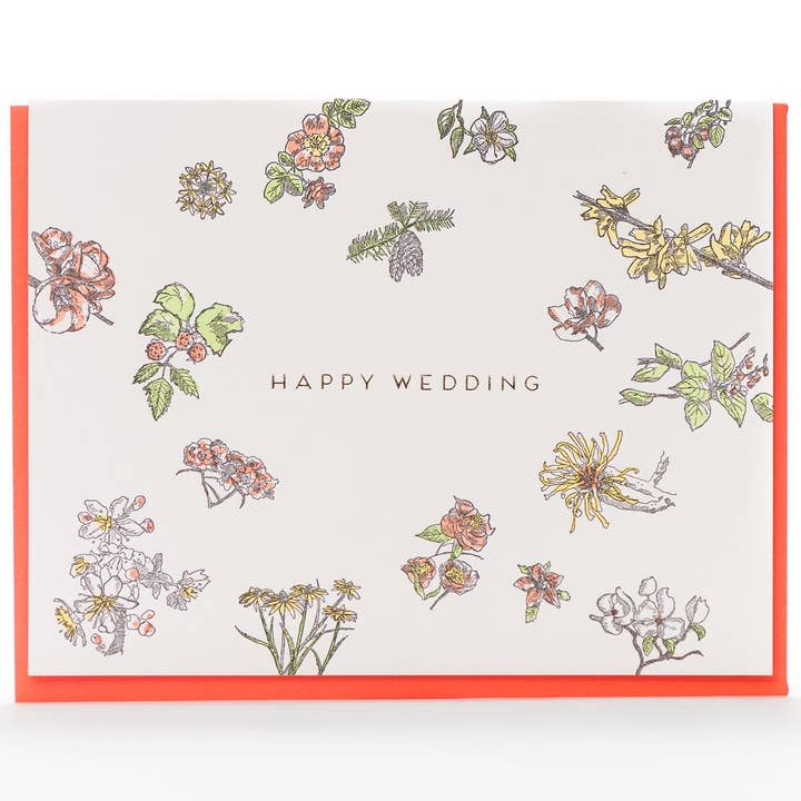 Happy Wedding Floral Card for wholesale by Porchlight Press Letterpress
