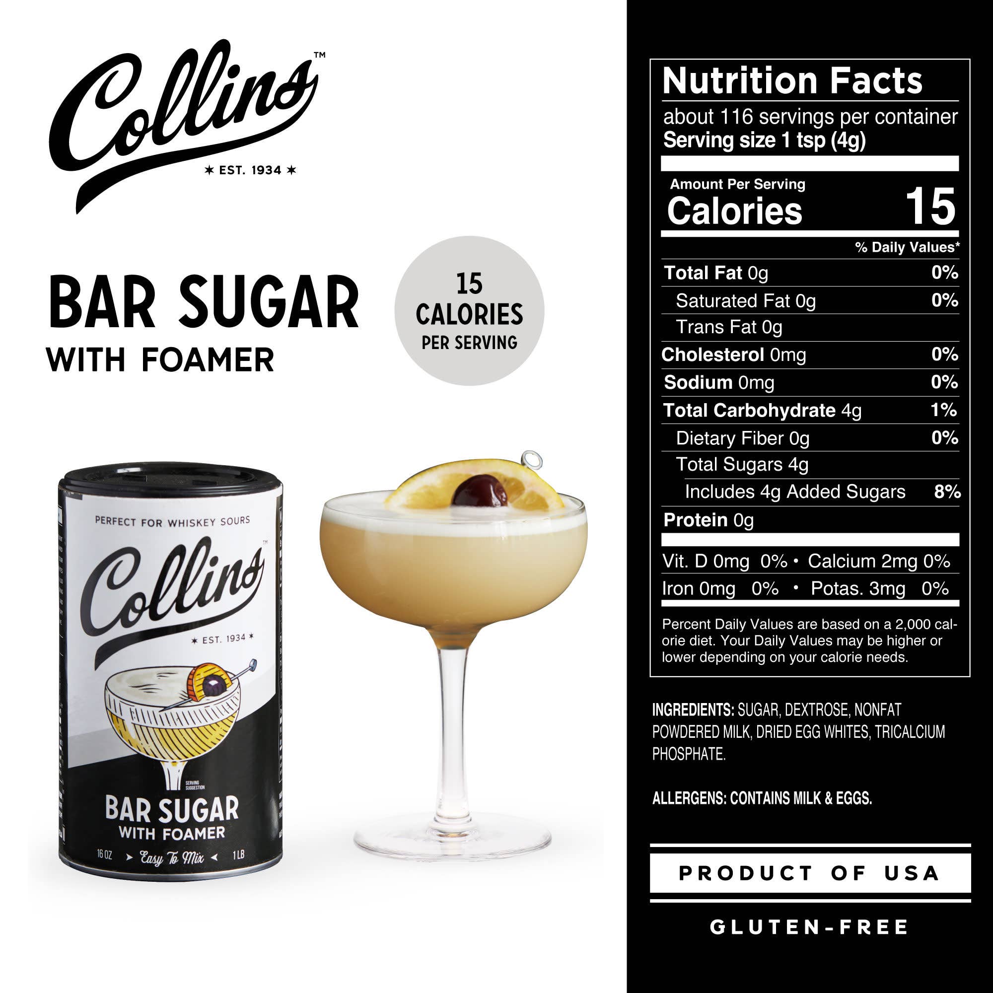 Collins - Wholesale Cocktail Mix/Syrup - Bar Sugar with Egg White Style Foaming Agent 16 oz3