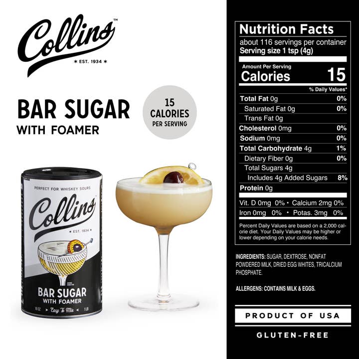 Collins - Wholesale Cocktail Mix/Syrup - Bar Sugar with Egg White Style Foaming Agent 16 oz3