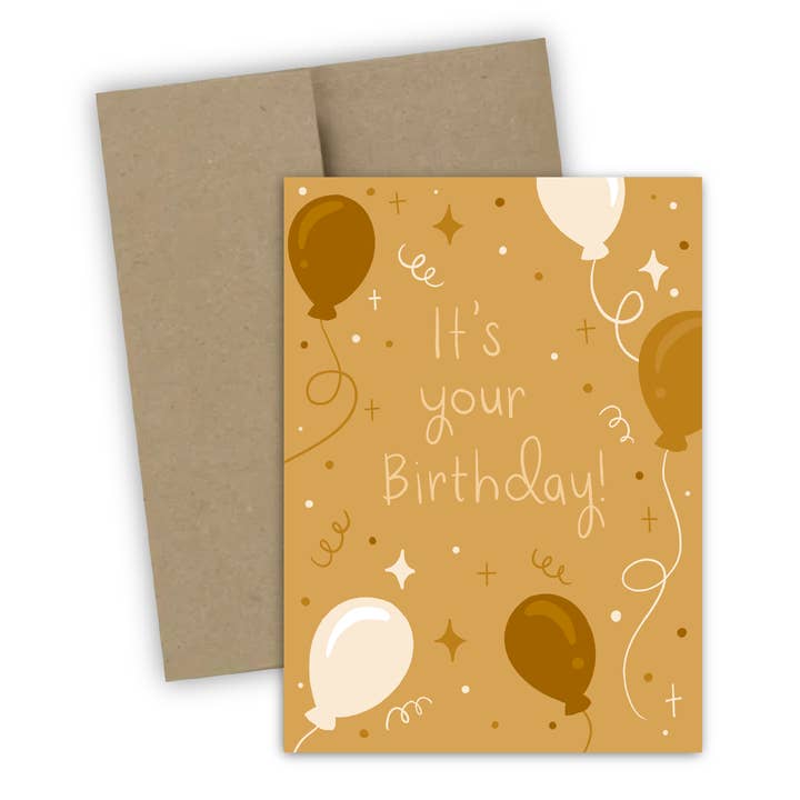 It’s Your Birthday Yellow Ochre Balloon Greeting Card for wholesale by Doohickle Designs