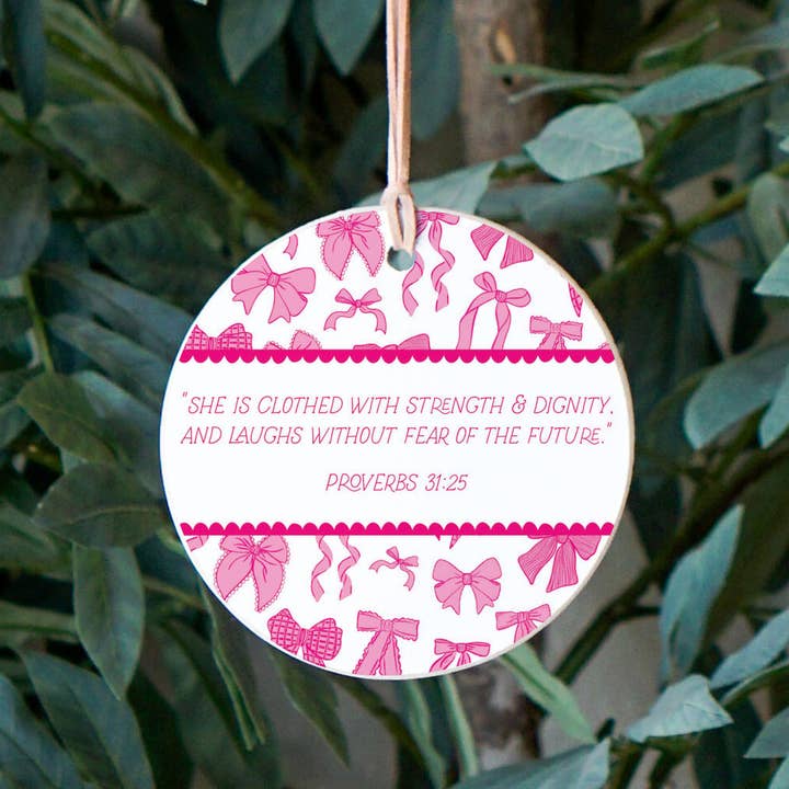 Clairmont & Co - Wholesale Ornament - Pink Bows She Is Clothed Round Ornament, Bow Ornaments