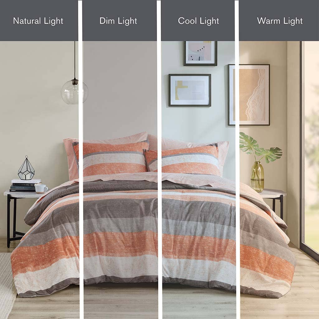 Olliix - Wholesale Bedding Set - Stripe Modern Comforter Set with Bed Sheets, Coral/Grey3