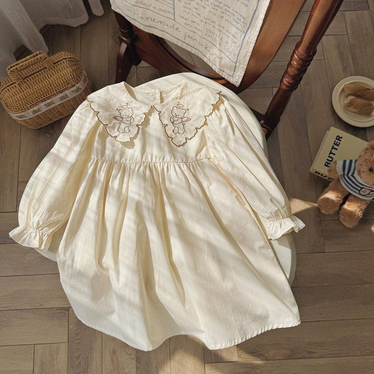 Beige Arrival Autumn Girls Teddy Bear Embroidered Pattern Long Sleeves Dress with Collar for wholesale on Faire4