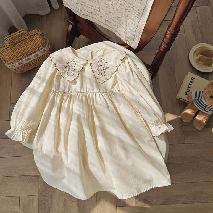 Beige Arrival Autumn Girls Teddy Bear Embroidered Pattern Long Sleeves Dress with Collar for wholesale on Faire4
