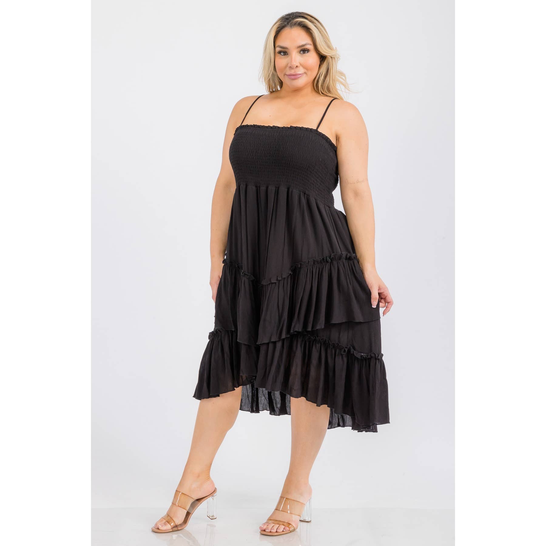 Curve Market - Wholesale Dress - Women's - PLUS SIZE SQUARE NECK SMOCKED BODICE TIERED RUFFLE HEM MIDI 1