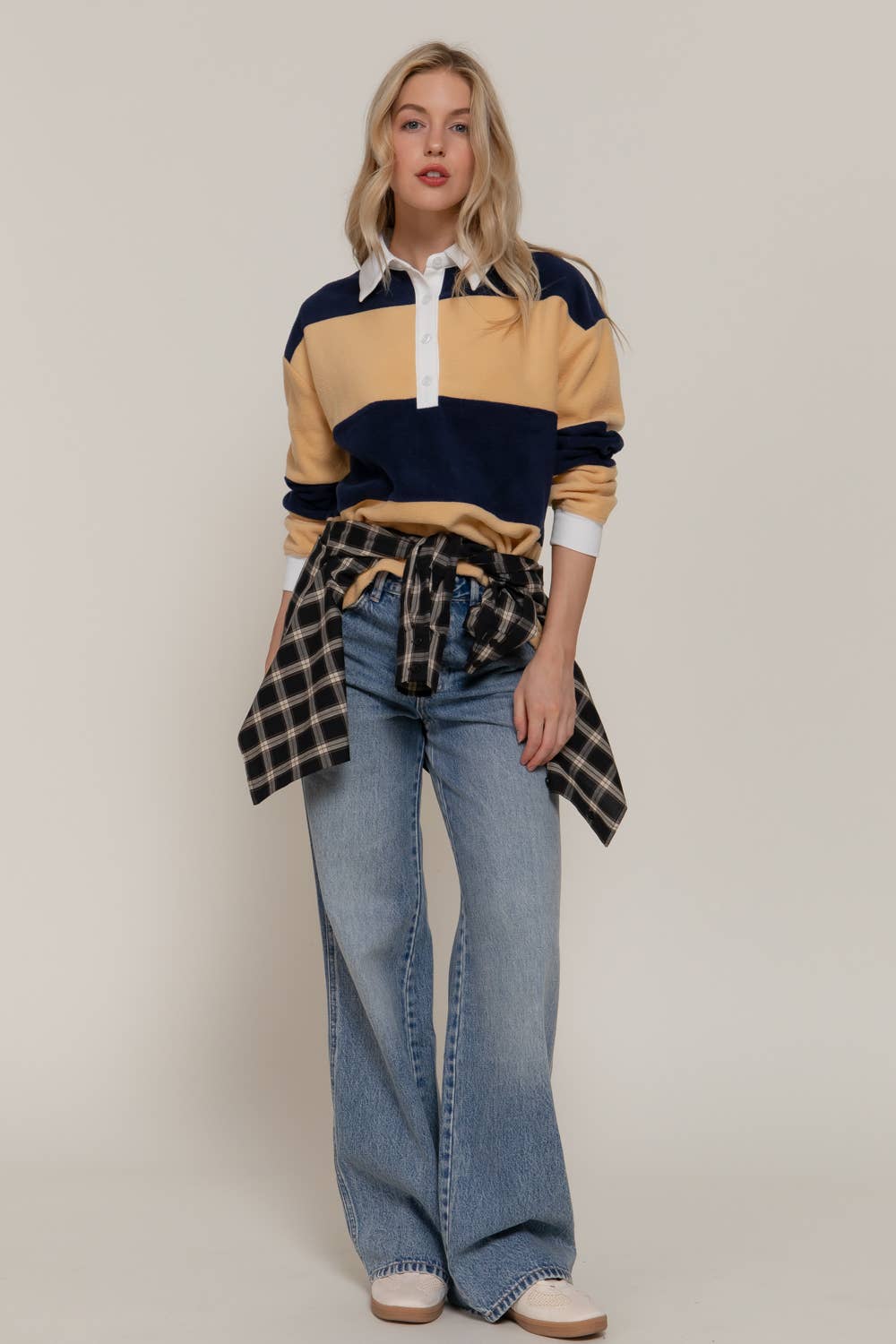 Active Basic | Active USA - Wholesale Jurk - Dames - Lange Mouwen Rugby Streep Fleece Polo Top11