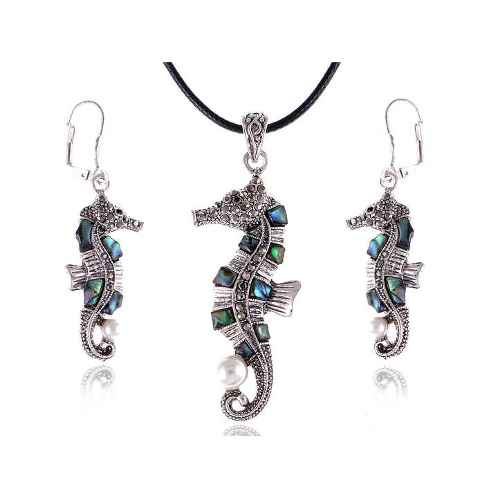AK Brand - Vendita all'ingrosso Parure di gioielli - Set Collana Orecchini Cavalluccio Marino con Perle di Abalone Antico
