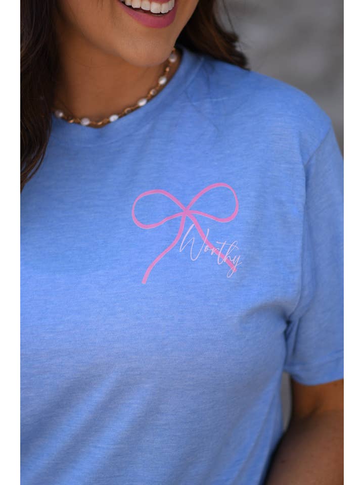 Heather Blue Worthy Bow Tee for wholesale on Faire