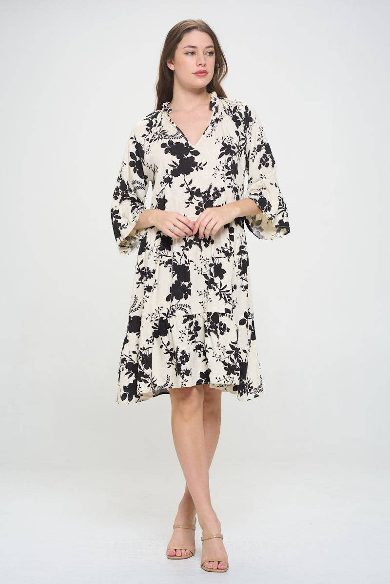 Black Ivory Made in USA Floral Print V neck 3/4 Sleeve Tiered Dress for wholesale on Faire1