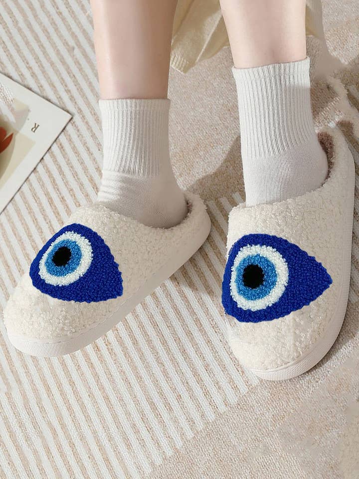 Evil Eye Terry Cloth Fuzzy Sherpa Fleece Slippers for wholesale by Cap Zone