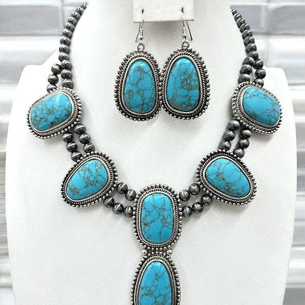 Burnished Silver Turquoise Squash Blossom Short Necklace Set for wholesale on Faire0