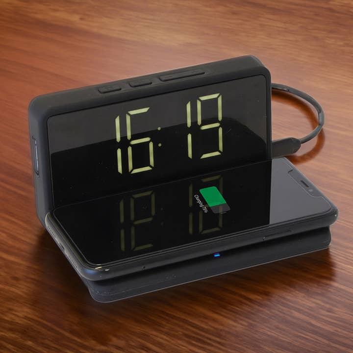 Wireless Phone Charging Alarm Clock Black for wholesale by The Source Wholesale LTD