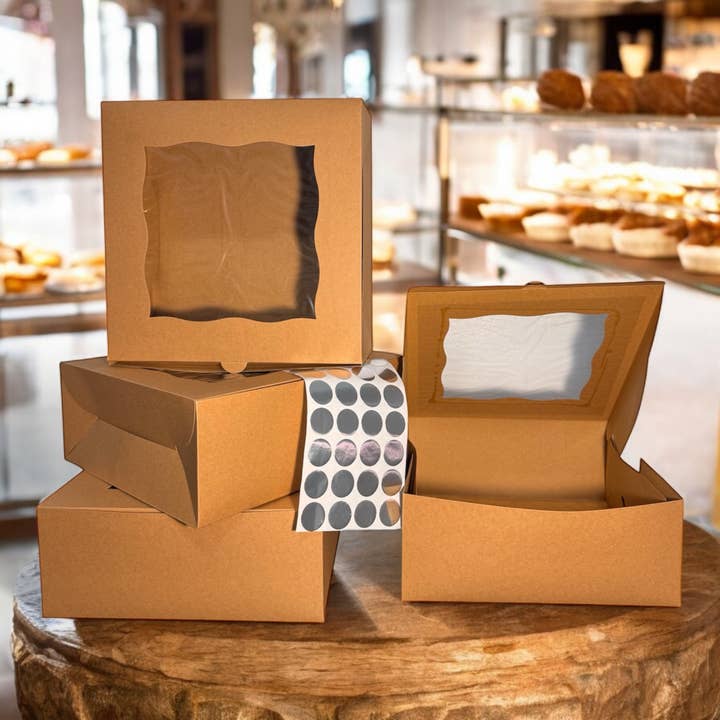 25-Pack Kraft Bakery Cake Boxes with Clear Window | Eco-Friendly Take-Out Packaging for Cakes, Cupcakes, Pies, Donuts & Treats – Large (12x12x5"), Medium (10x10x4"), Small (8.5x8.5x3") Sizes for wholesale by Tennessee IMPEX