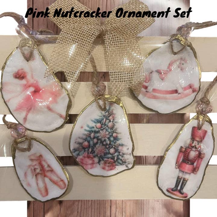 Handmade Decoupaged Nutcracker Oyster Shell Ornament Set for wholesale by CC Shells Gifts LLC