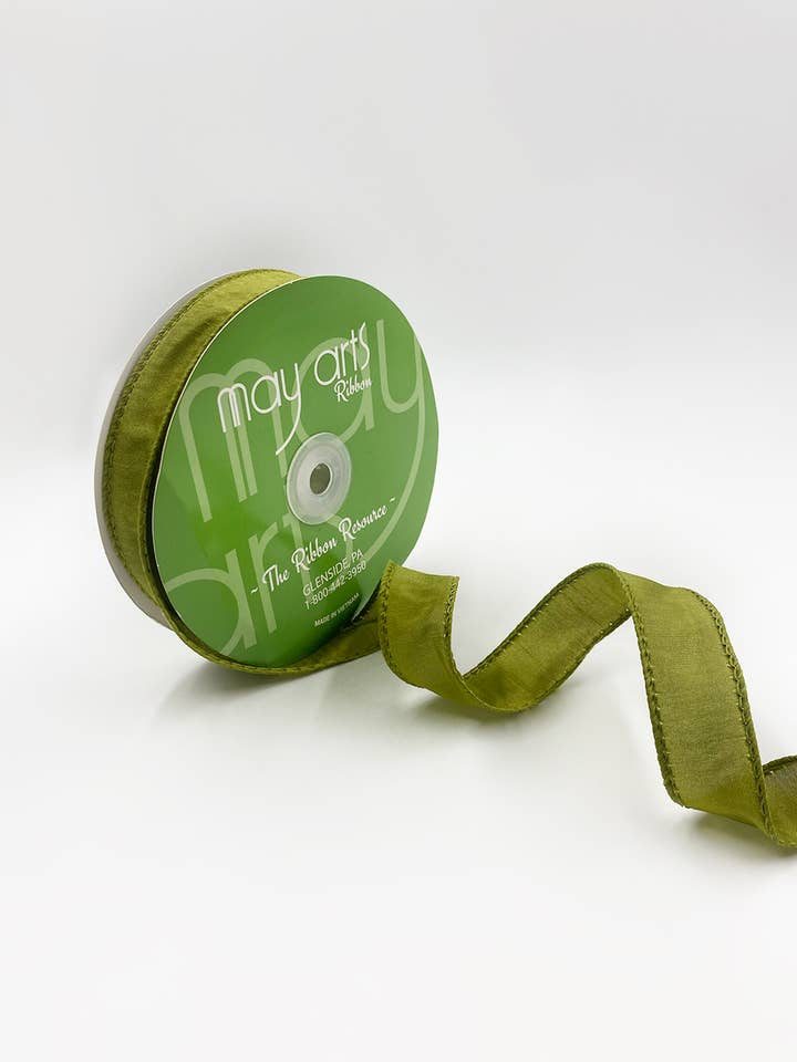 1″ Wired Olive Green Faux Dupioni Silk Ribbon for wholesale by May Arts Ribbon
