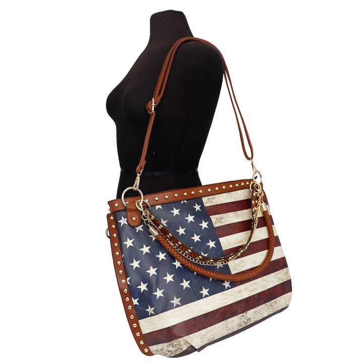 Cap Zone - Wholesale Shoulder Bag - Women's - Vintage American Flag Print Studded Gold Chain Hobo Bag