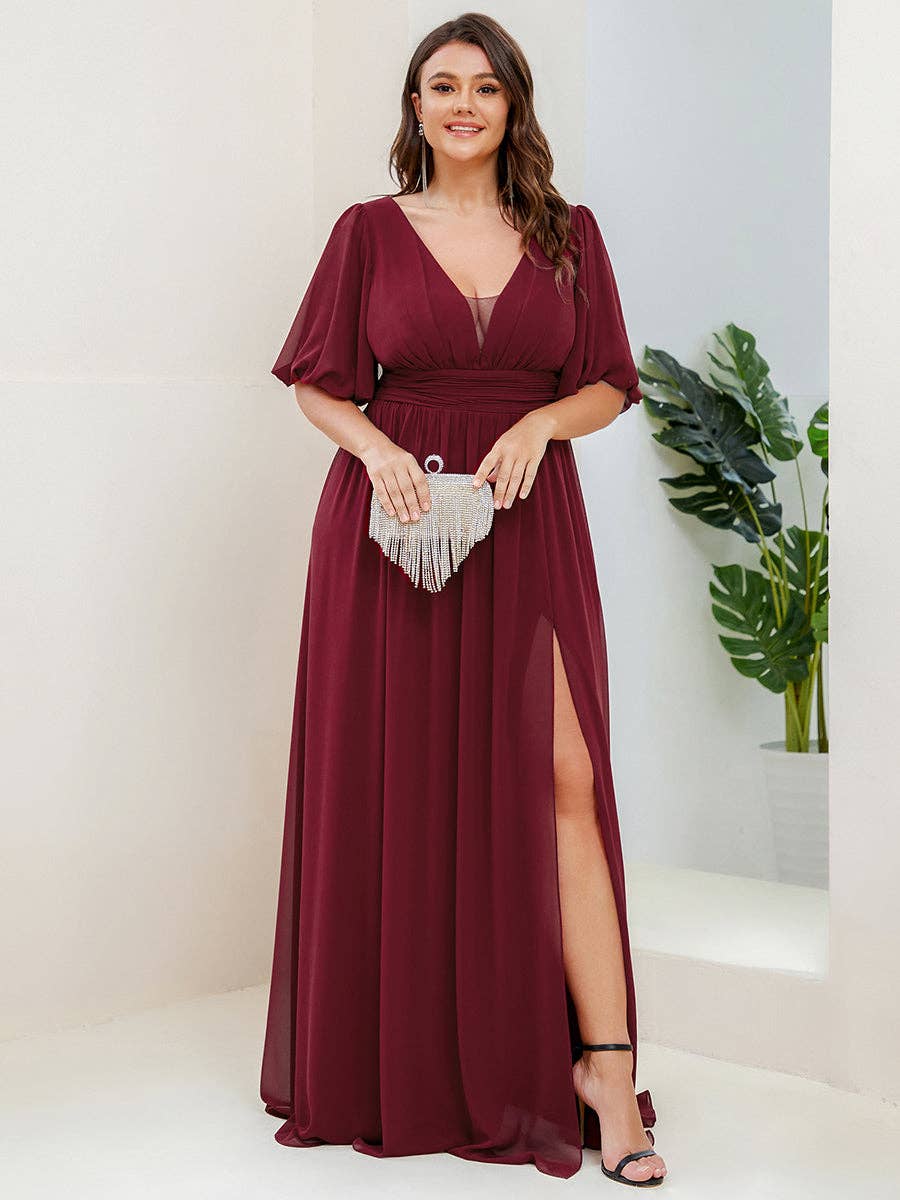 Ever-Pretty - Wholesale Gown - Women's - Plus Deep V Neck A Line Half Puff Sleeves Bridesmaid Dress4