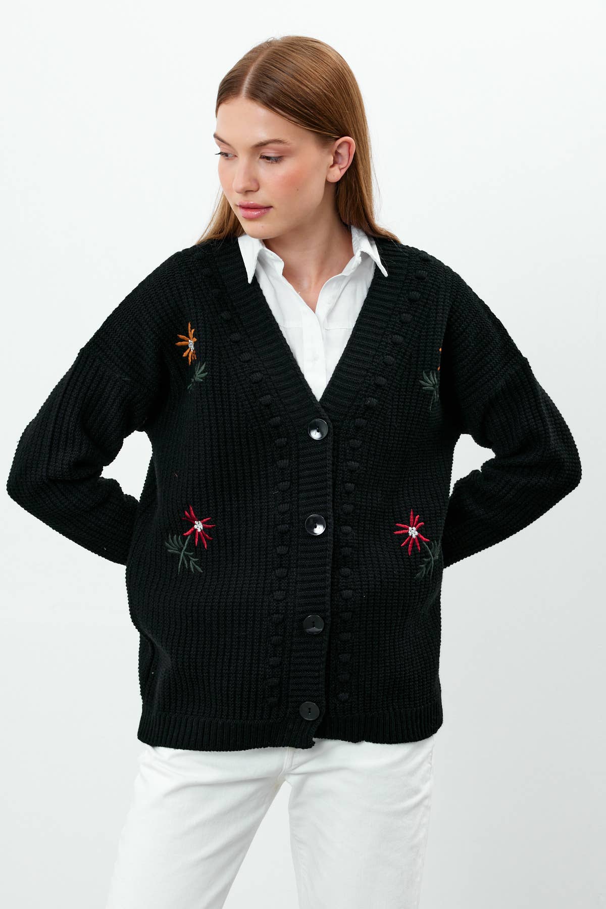 VAV NEW YORK - Vente Cardigan – femme - Cardigan en tricot à fleurs Cardigan en tricot mi-long - 381022
