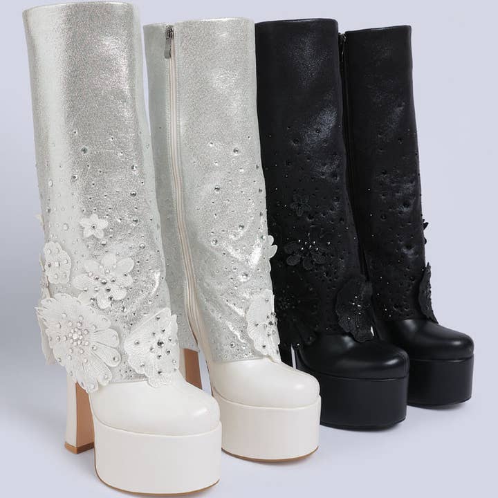 Sundra Floral Applique Platform Heeled Boots and other Purchase Wholesale platform boots. Free Returns & Net 60 Terms on Faire trending on Faire.