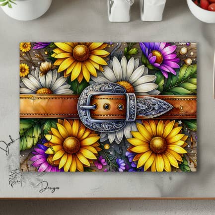 Floral Western Buckle / Horse Rider / Glass Cutting Board for wholesale by Dark Horse Dream Designs LLC