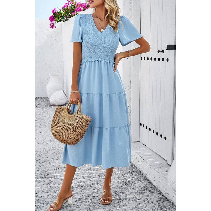 Shoppe247 – Engroshandel Kjole - Dame – Swiss Dot Ruched Color Block V-hals flæsekjole